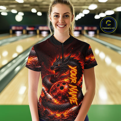 Custom Red Dragon Bowling Polo Shirts, Bowling 1/4 zip jersey For Women, Team Bowling League jerseys NQS11588