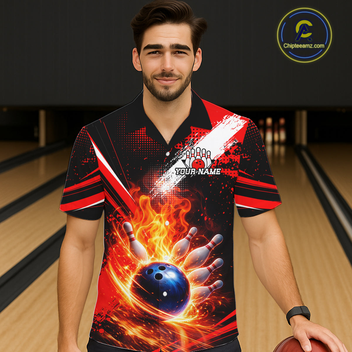Custom Black and Red Flame Bowling Jersey Bowling Hawaiian Shirts, Team bowling outfit NQS11595