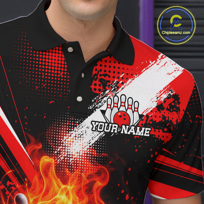 Custom Black and Red Flame Bowling Jersey Bowling Polo, 1/4 Zip Shirts for Men, Team bowling outfit NQS11595