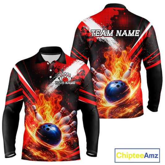 Custom Black and Red Flame Bowling Jersey Bowling Polo, 1/4 Zip Shirts for Men, Team bowling outfit NQS11595