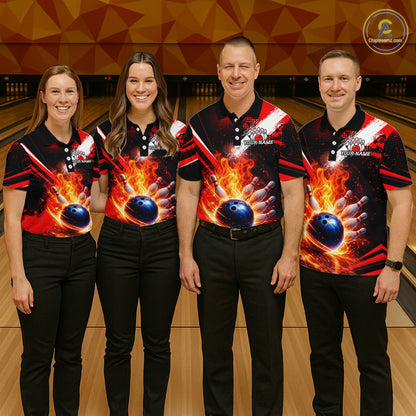 Custom Black and Red Flame Bowling Jersey Bowling Polo, 1/4 Zip Shirts for Men, Team bowling outfit NQS11595