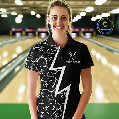 Black & White Lightning Camo Bowling Polo, Quarter Zip Shirt For Women Custom Team Bowling Jersey NQS10854