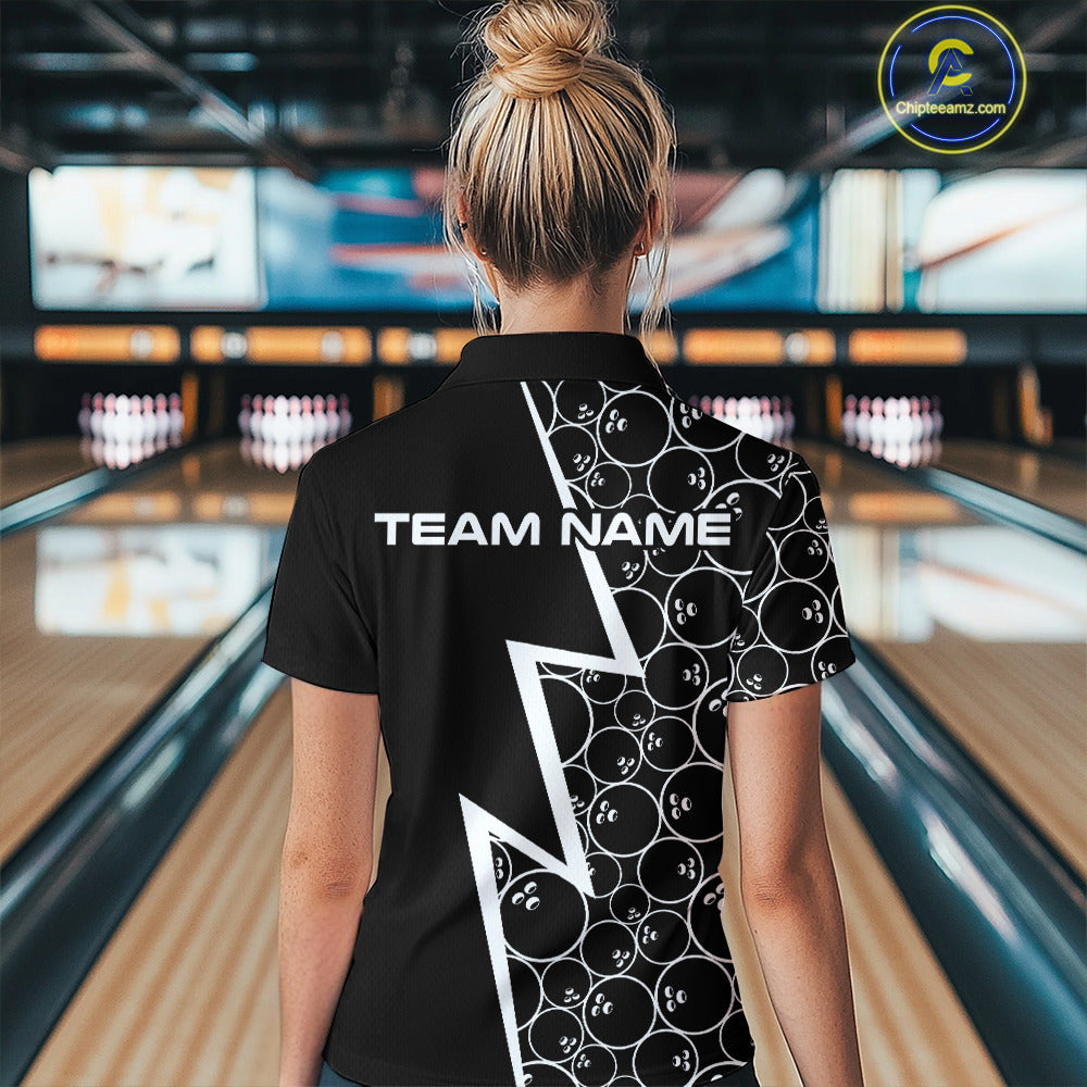 Black & White Lightning Camo Bowling Polo, Quarter Zip Shirt For Women Custom Team Bowling Jersey NQS10854