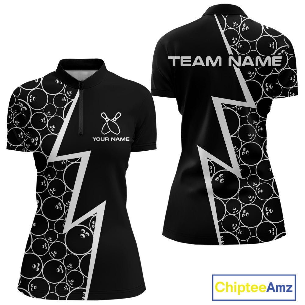 Black & White Lightning Camo Bowling Polo, Quarter Zip Shirt For Women Custom Team Bowling Jersey NQS10854