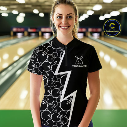 Black & White Lightning Camo Bowling Polo, Quarter Zip Shirt For Women Custom Team Bowling Jersey NQS10854