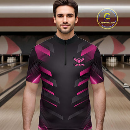 Black and Pink Bowling Polo, Quarter Zip Shirts For Men Custom Team Bowling Jersey, Gift For Bowlers NQS11633