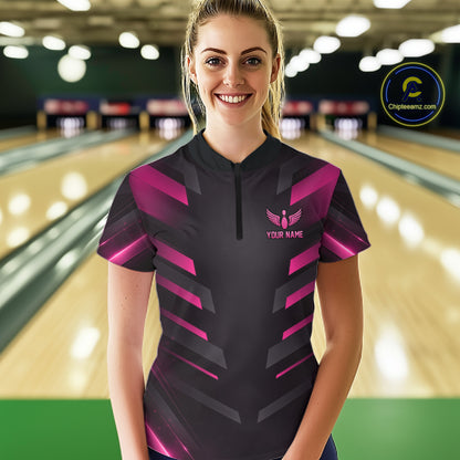 Black and Pink Bowling Polo, Quarter Zip Shirts For Women Custom Team Bowling Jersey, Gift For Bowler NQS11633