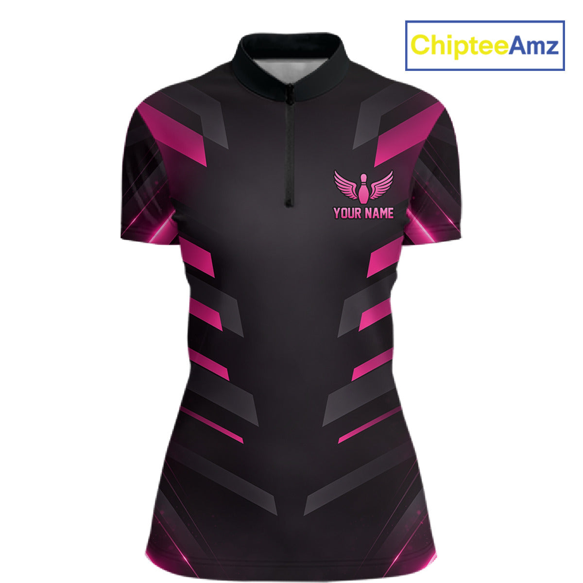 Black and Pink Bowling Polo, Quarter Zip Shirts For Women Custom Team Bowling Jersey, Gift For Bowler NQS11633