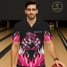 Load image into Gallery viewer, Black and Pink Flame Dragon Bowling Button-up Shirt Custom Dragon Bowling Team Jerseys NQS11733