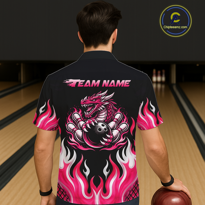 Black and Pink Flame Dragon Bowling Button-up Shirt Custom Dragon Bowling Team Jerseys NQS11733