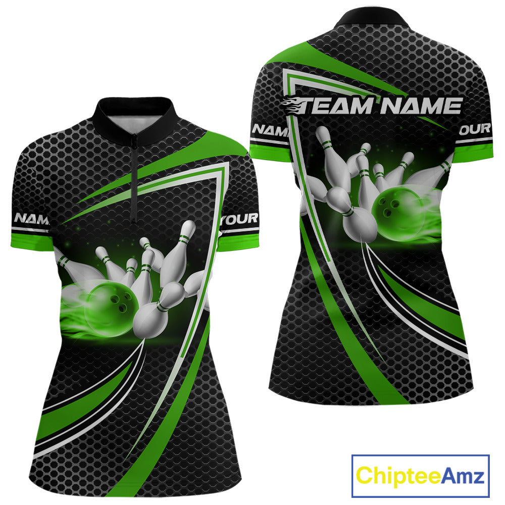 Black and Green Flame Bowling Shirts For Women Custom Team Bowling Jersey, Gift For Bowlers NQS10858