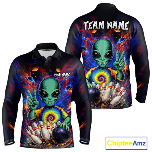 Funny Colorful Galaxy Alien Bowling Shirts For Men Custom Bowling Team Outfit, Gift For Bowler NQS11444