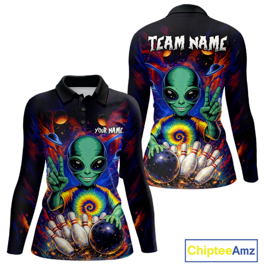 Funny Colorful Galaxy Alien Bowling Shirts For Women Custom Bowling Team Outfit, Gift For Bowler NQS11444