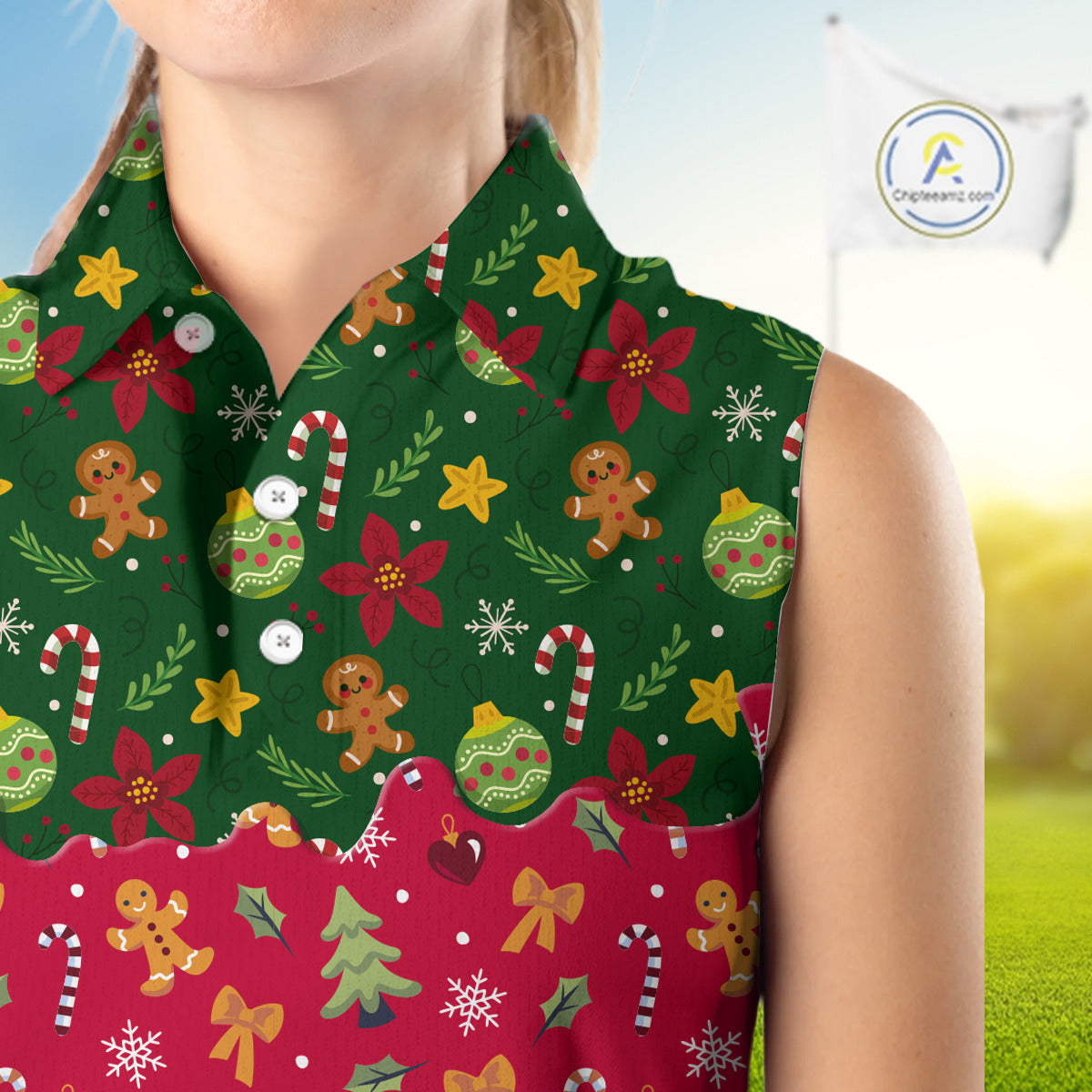 Funny Christmas pattern Sleeveless Golf Polo Shirt, Christmas golf gifts ladies golf outfit NQS10866
