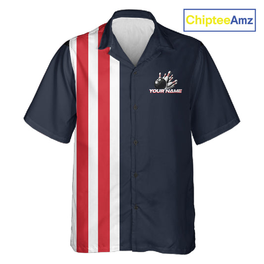 Retro Bowling Hawaiian Button-up Shirt custom Red, White & Blue patriotic bowling outfits team jersey NQS11446