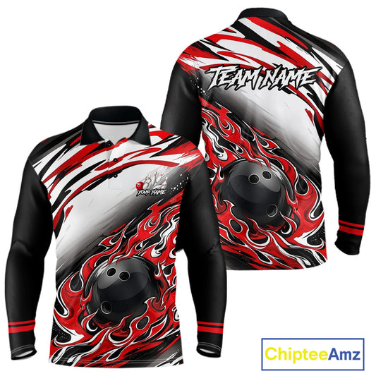 Red Flame Bowling Polo, Quarter Zip Shirts For Men Custom Bowling Team Jerseys, Gift For Bowlers NQS11738