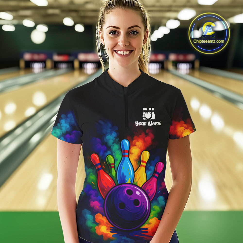 Custom Colorful Smoke Bowling Polo, Quarter Zip Shirt for Women, Bowling Uniform Team Bowling Jerseys NQS10647