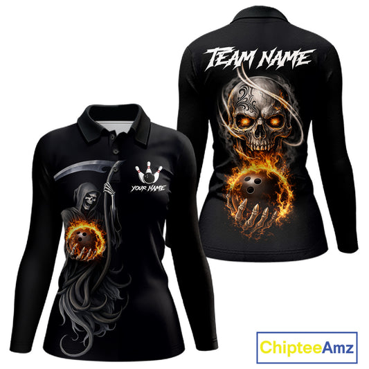 Flame Skull Reaper Bowling Polo, Quarter Zip Shirts For Women Custom Bowling Team Jerseys | Black NQS11745