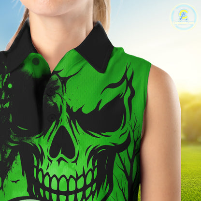 Skull Women's Sleeveless Polo Shirt Halloween Golf Outfits, Halloween golf gifts | Green NQS10660