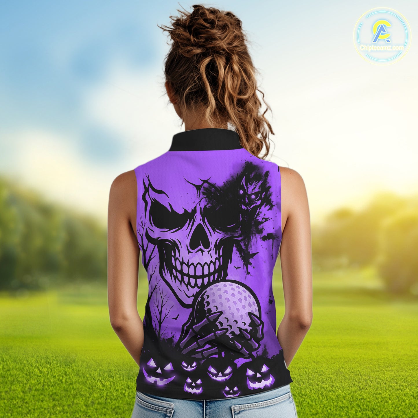 Skull Women's Sleeveless Polo Shirt Halloween Golf Outfits, Halloween golf gifts | Purple NQS10661