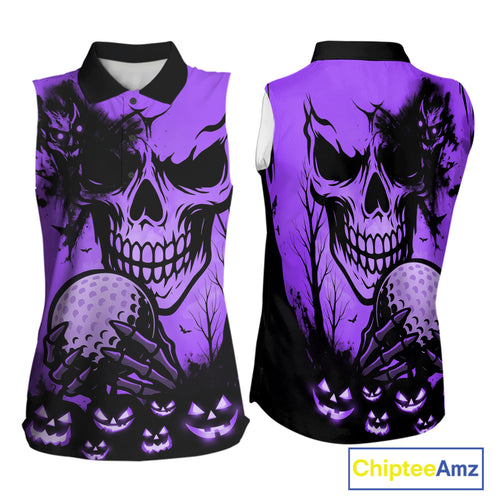 Skull Women's Sleeveless Polo Shirt Halloween Golf Outfits, Halloween golf gifts | Purple NQS10661