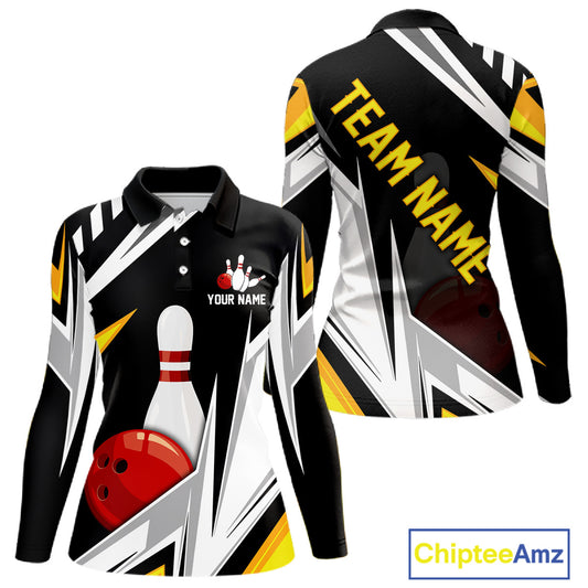 Black, White and Gold Women's bowling Polo, Quarter Zip shirts Custom Team bowling league jerseys NQS11264