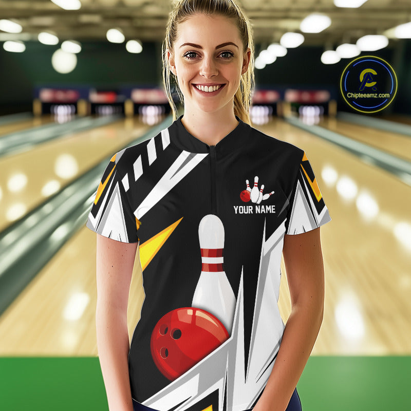 Black, White and Gold Women's bowling Polo, Quarter Zip shirts Custom Team bowling league jerseys NQS11264