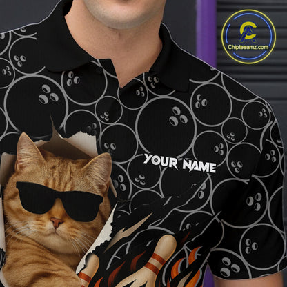Custom Funny Cat Bowling shirts for men, black camo flame cool bowling uniform for team bowlers NQS11074