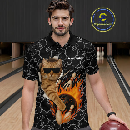 Custom Funny Cat Bowling shirts for men, black camo flame cool bowling uniform for team bowlers NQS11074