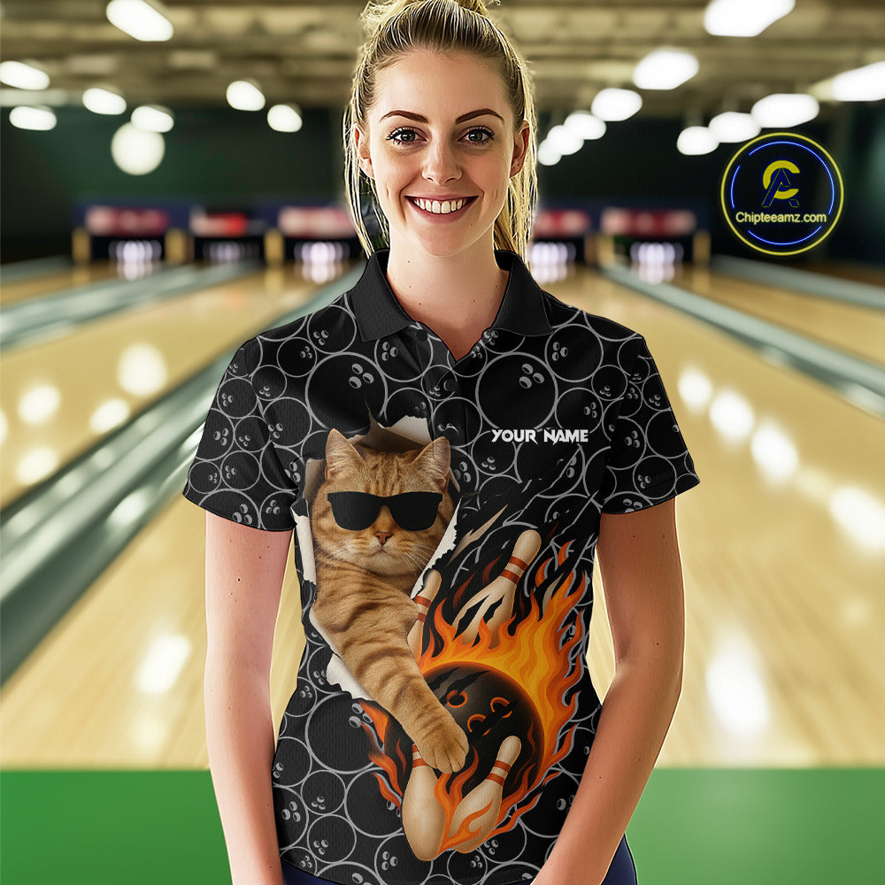 Custom Funny Cat Bowling shirts for women, black camo flame cool bowling uniform for team bowlers NQS11074