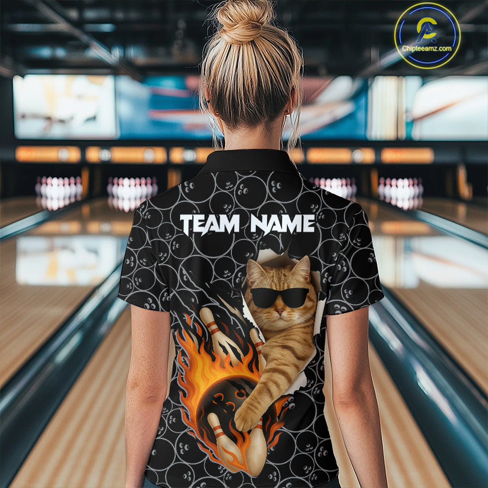 Custom Funny Cat Bowling shirts for women, black camo flame cool bowling uniform for team bowlers NQS11074
