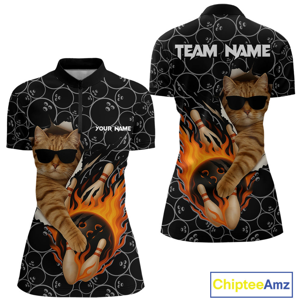 Custom Funny Cat Bowling shirts for women, black camo flame cool bowling uniform for team bowlers NQS11074