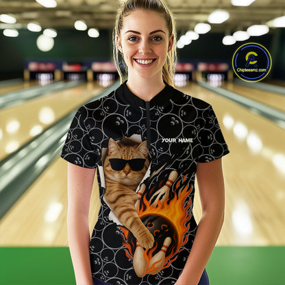 Custom Funny Cat Bowling shirts for women, black camo flame cool bowling uniform for team bowlers NQS11074