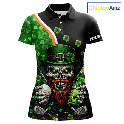 Green shamrock pattern St Patrick Skull Golf and Beer Polo shirts for Women Custom ladies golf tops NQS11483