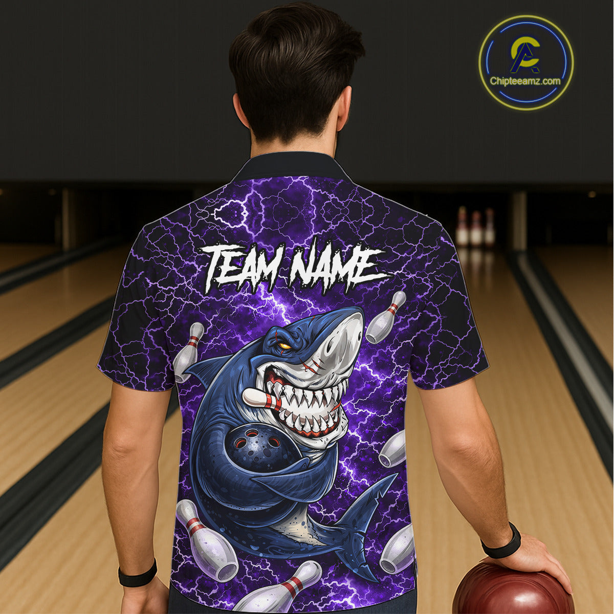 Purple Lightning Thunder Angry Shark Bowling button-up shirts Custom Shark Hawaiian Bowling Jersey NQS11757