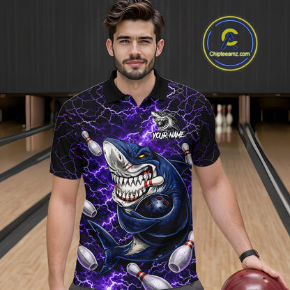 Purple Lightning Thunder Angry Shark Bowling shirts For Men Custom Shark Bowling Team Jerseys NQS11757