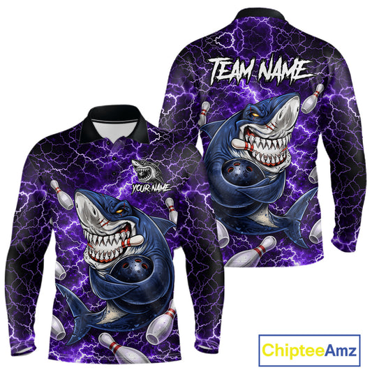 Purple Lightning Thunder Angry Shark Bowling shirts For Men Custom Shark Bowling Team Jerseys NQS11757