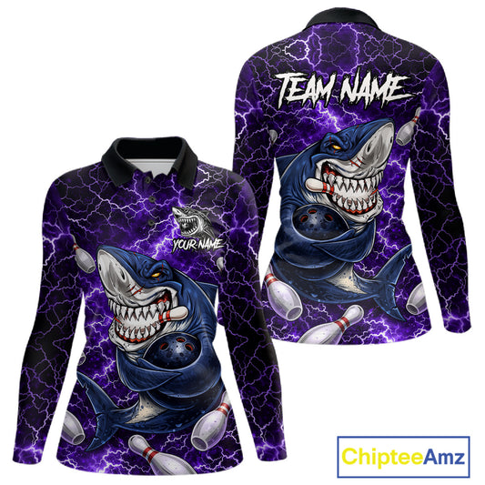 Purple Lightning Thunder Angry Shark Bowling shirts For Women Custom Shark Bowling Team Jerseys NQS11757