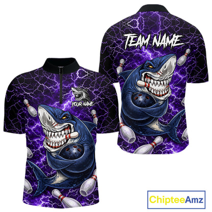 Purple Lightning Thunder Angry Shark Bowling shirts For Men Custom Shark Bowling Team Jerseys NQS11757