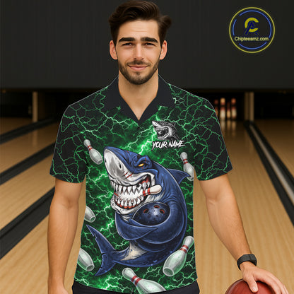 Green Lightning Thunder Angry Shark Bowling button-up shirts Custom Shark Hawaiian Bowling Jersey NQS11758
