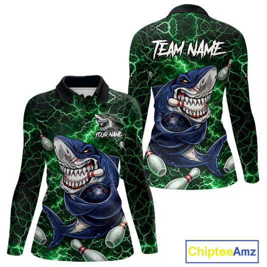 Green Lightning Thunder Angry Shark Bowling shirts For Women Custom Shark Bowling Team Jerseys NQS11758
