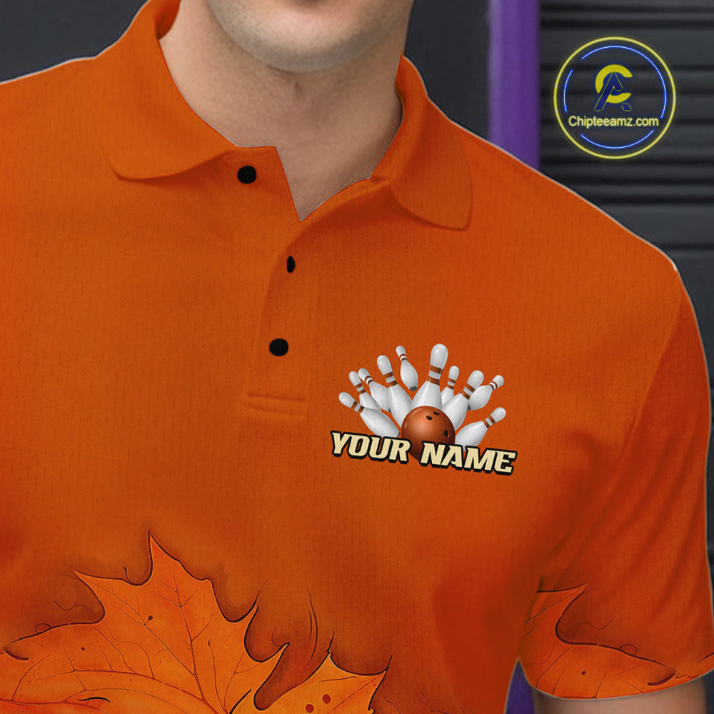 Orange Autumn pattern Custom Turkey Bowling Shirts For Men, Thanksgiving Bowling Team Jerseys NQS10698