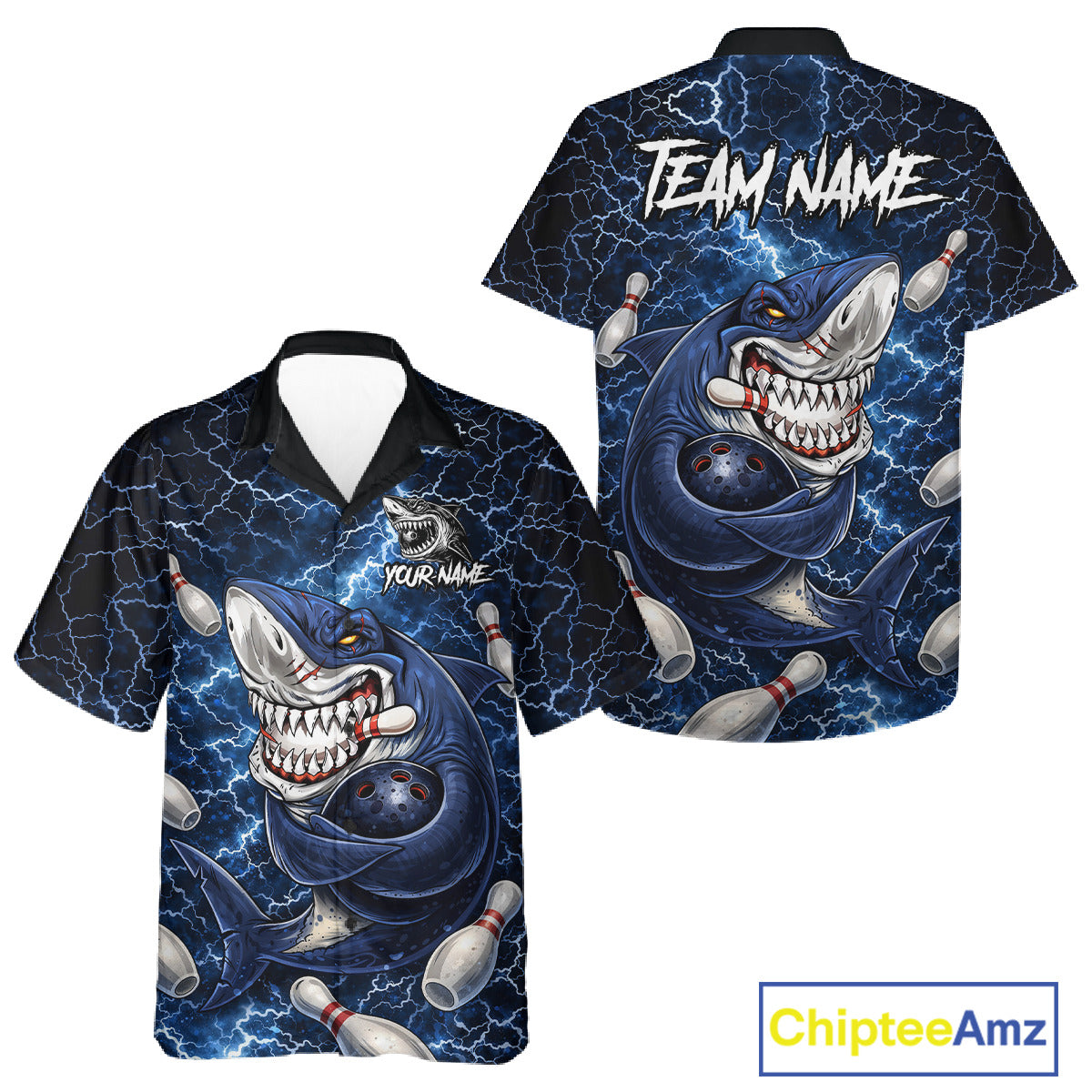 Blue Lightning Thunder Angry Shark Bowling button-up shirts Custom Shark Hawaiian Bowling Team Jersey NQS11539