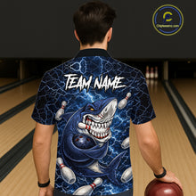 Load image into Gallery viewer, Blue Lightning Thunder Angry Shark Bowling button-up shirts Custom Shark Hawaiian Bowling Team Jersey NQS11539