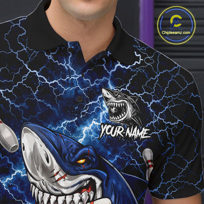 Blue Lightning Thunder Angry Shark Bowling shirts For Men Custom Shark Bowling Team Jerseys NQS11539