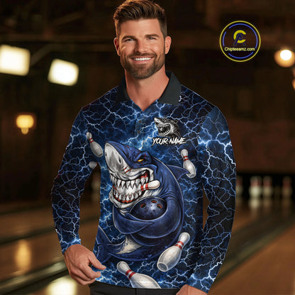 Blue Lightning Thunder Angry Shark Bowling shirts For Men Custom Shark Bowling Team Jerseys NQS11539