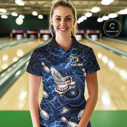 Blue Lightning Thunder Angry Shark Bowling shirts For Women Custom Shark Bowling Team Jerseys NQS11539