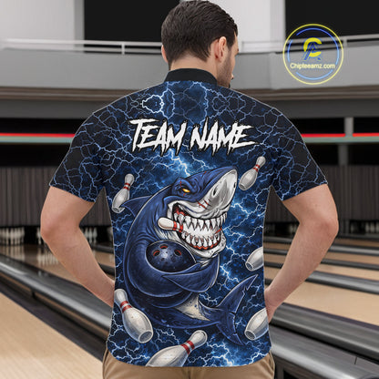 Blue Lightning Thunder Angry Shark Bowling shirts For Men Custom Shark Bowling Team Jerseys NQS11539