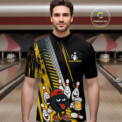 Custom Black and Yellow Funny Bowling And Beer Team Bowling Shirts For Men, bowling outfits for men NQS10965