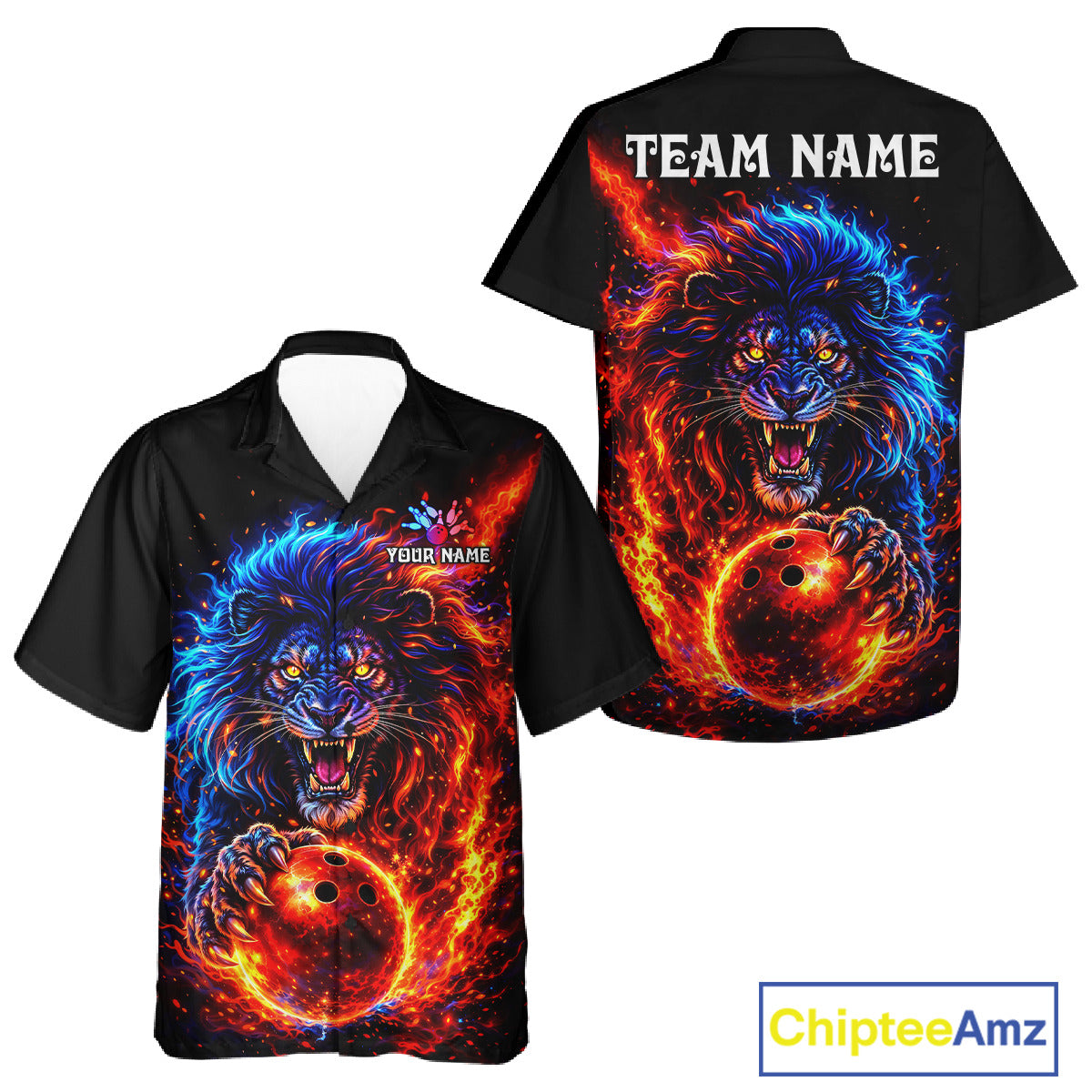 Red and Blue Flame Lion Bowling Hawaiian Shirt Custom Fire Lion Team Bowling Button Up shirt NQS11347
